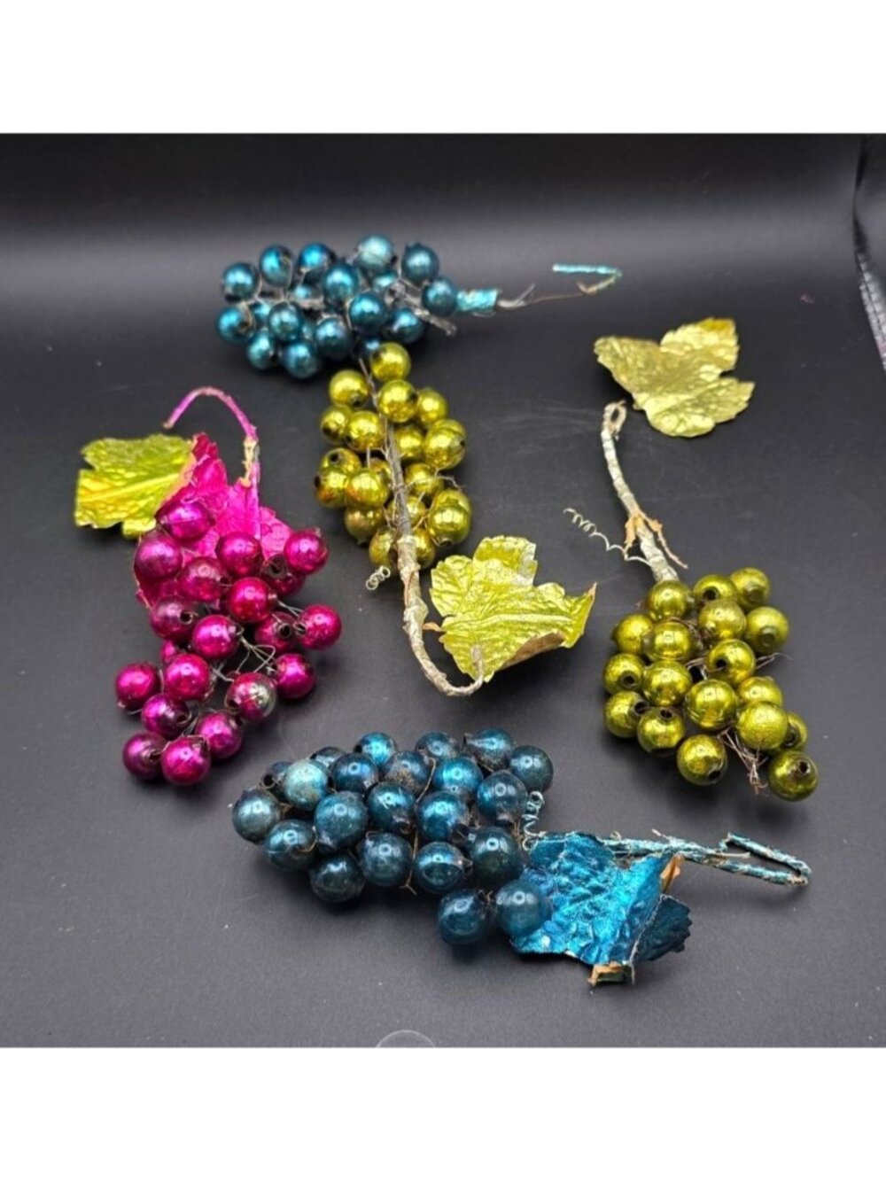 Vintage Mercury Glass Figural Grape Cluster Christmas Picks Green Blue Purple